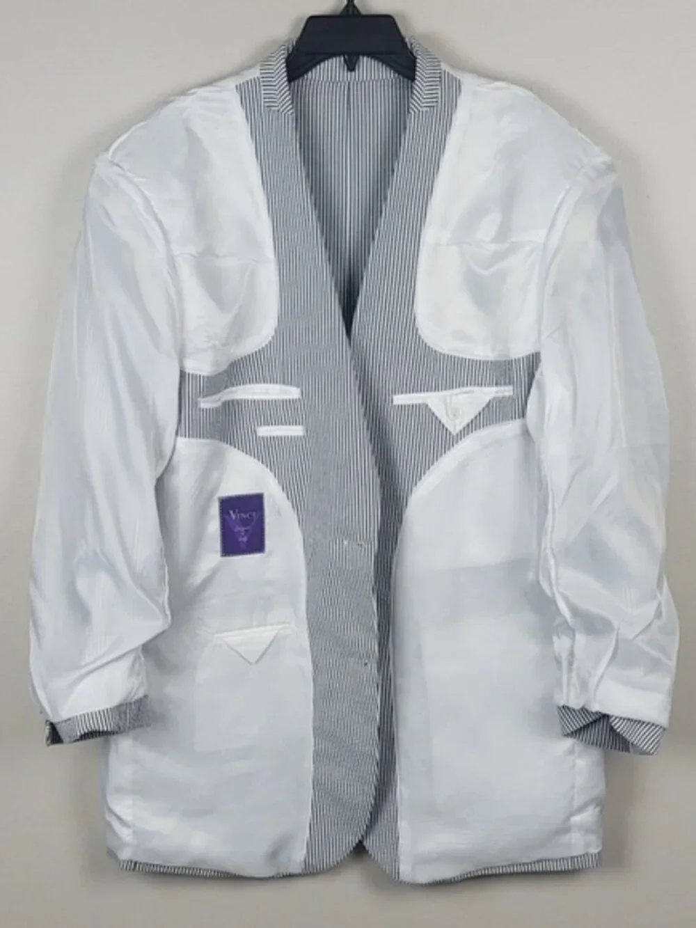Vinci Seersucker Blazer Gray Striped Cotton 52S Preppy Old Money Wedding Summer